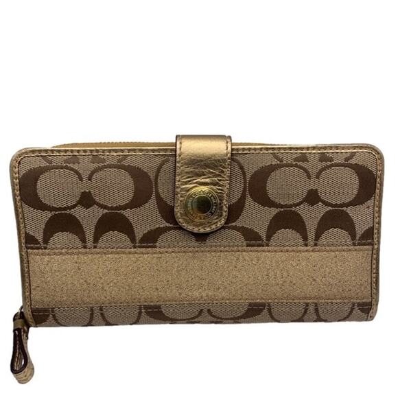 COACH Brown Gold Signature Canvas Wallet - Picture 1 of 12